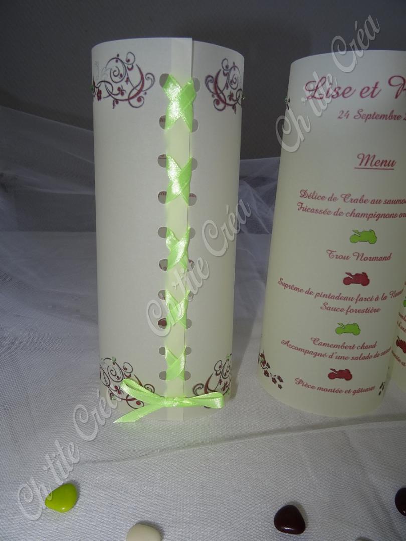 Menu photophore, mariage moto, strass et bougie led, ruban laçage corset, ivoire chocolat et vert anis