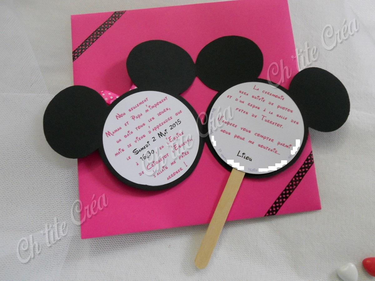 Faire part baptême minnie en sucette, photo devant et texte à l'intérieur, noir rose fushia et blanc