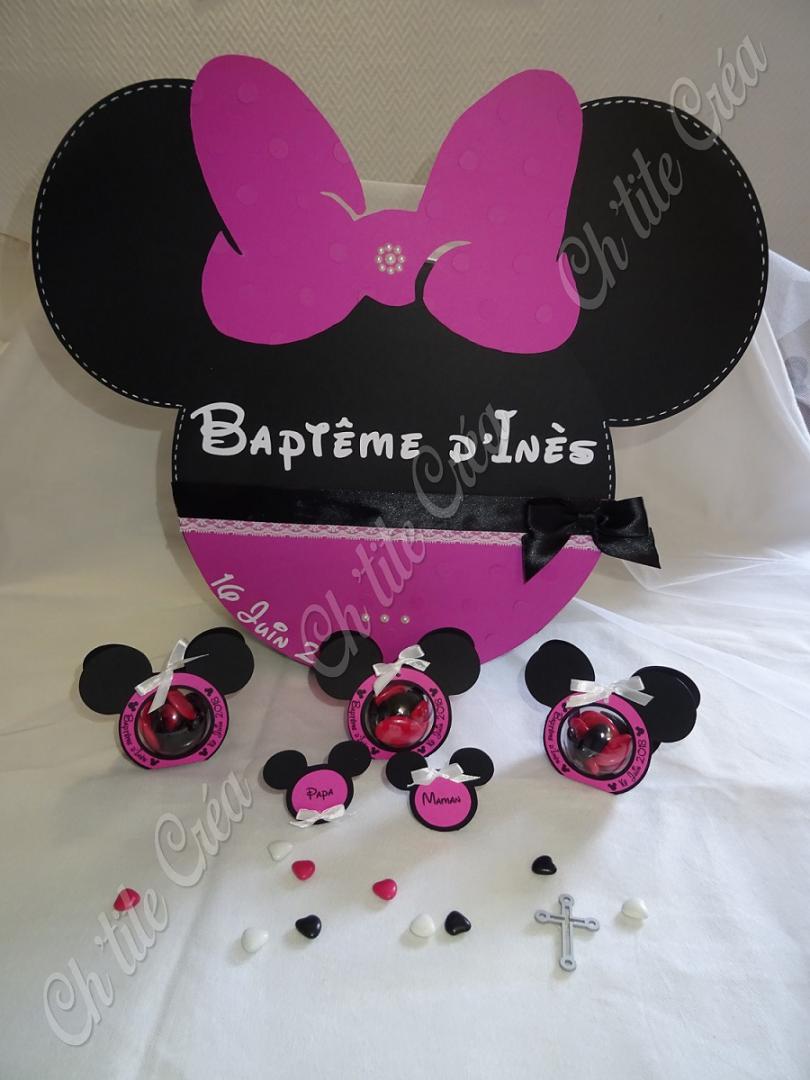 Urne ronde baptême Minnie, dentelle et perles, reproduction du faire part, noir rose fushia et blanc