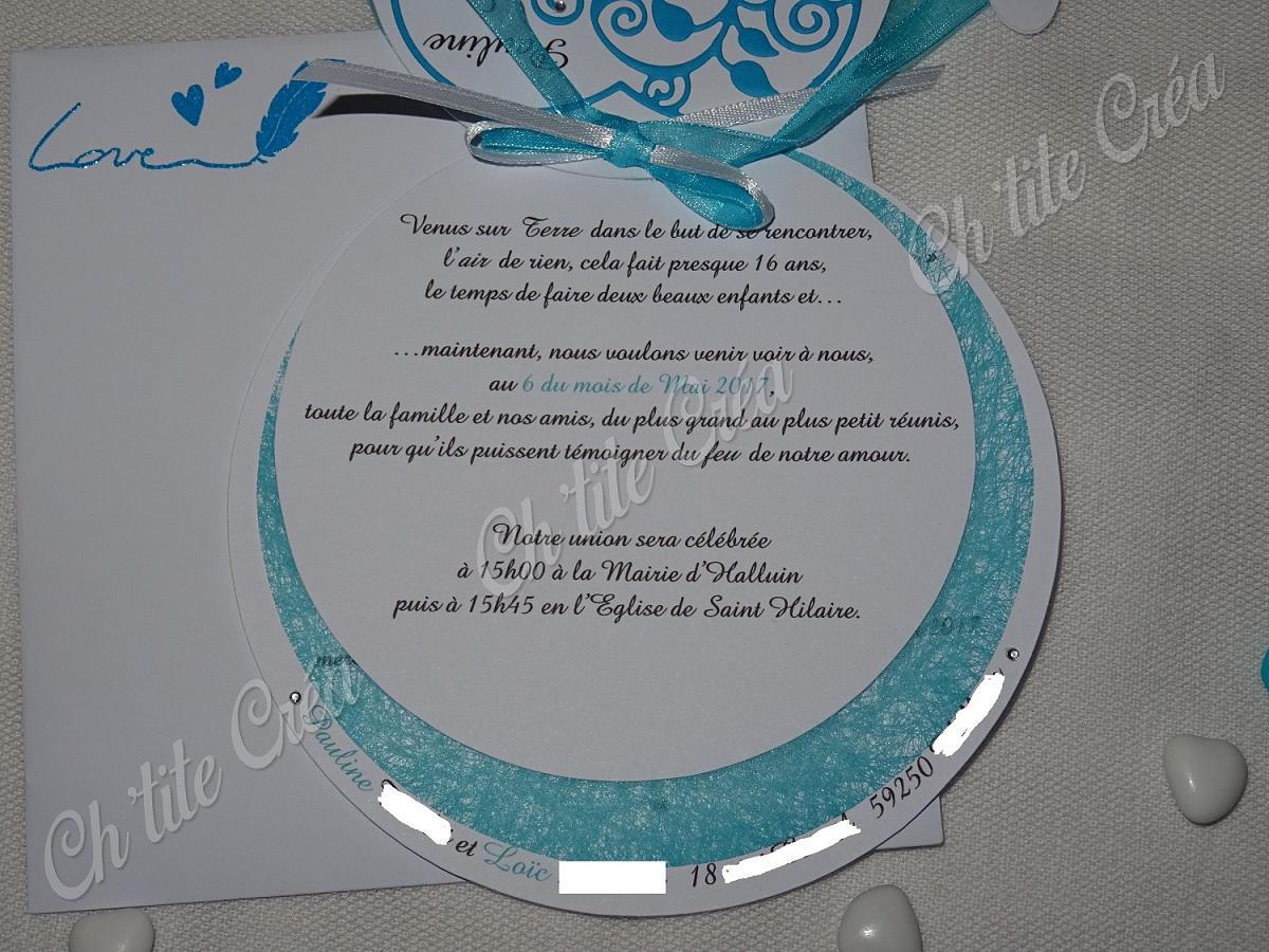 Faire part mariage 4 éléments, coeur en feuillage en relief, prénoms des enfants dans les coeurs au bout du ruban, blanc et turquoise