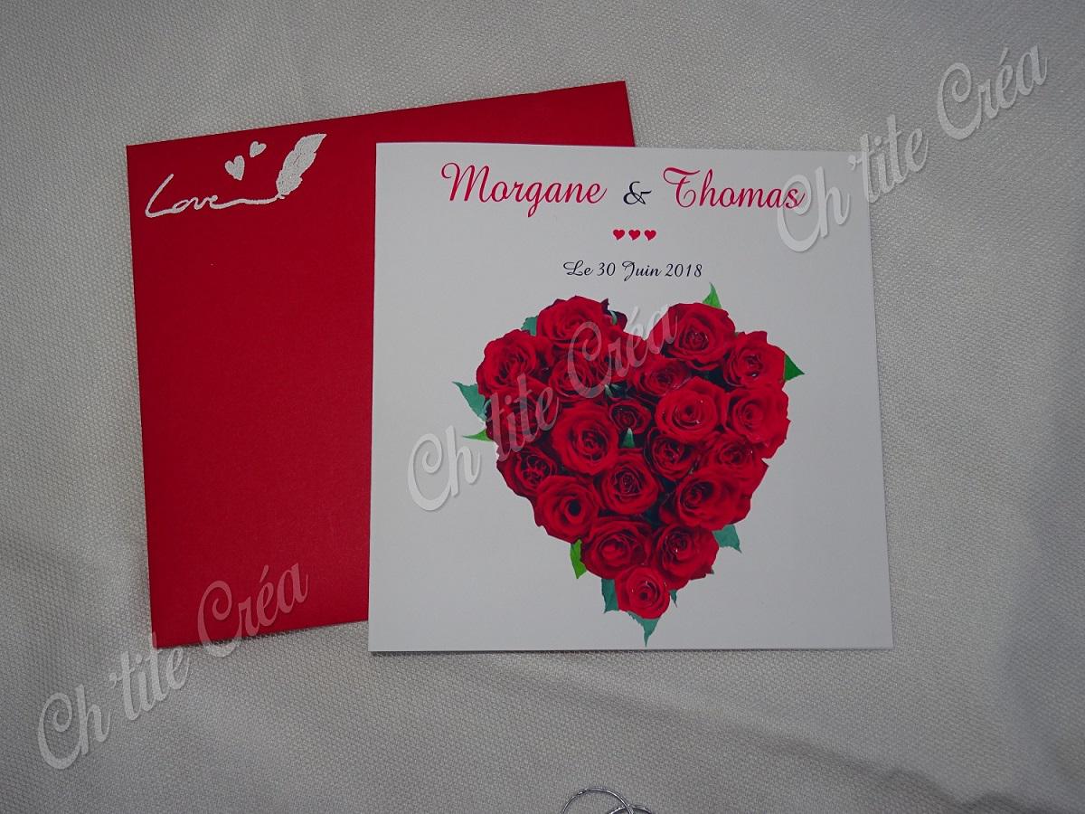 Faire part mariage coeur et roses, blanc et rouge