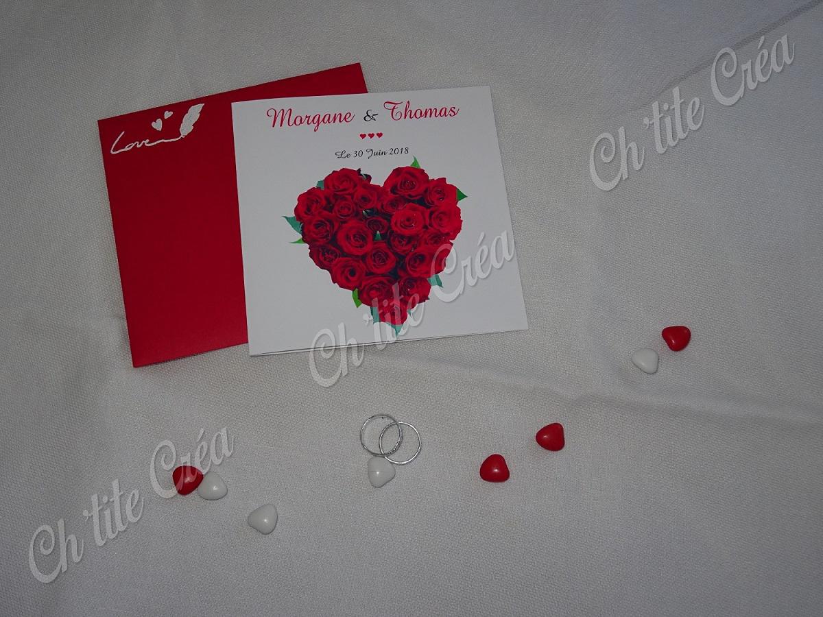 Faire part mariage coeur et roses, blanc et rouge