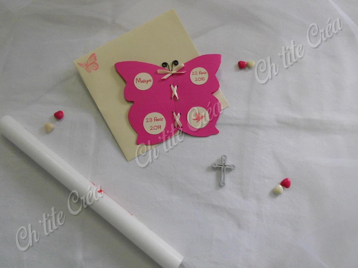 Faire part anniversaire 1 an et baptême papillon avec ruban laçage corset avec photo et texte à l'intérieur, rose fushia et ivoire