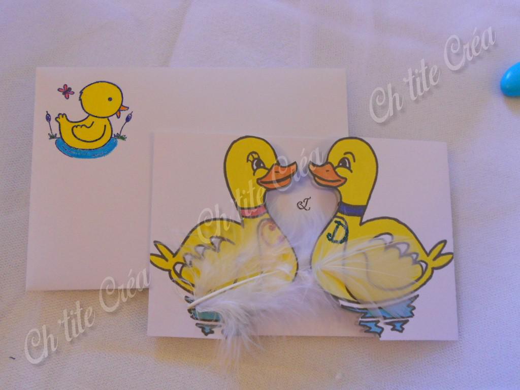 Faire part anniversaire de mariage canard, blanc jaune