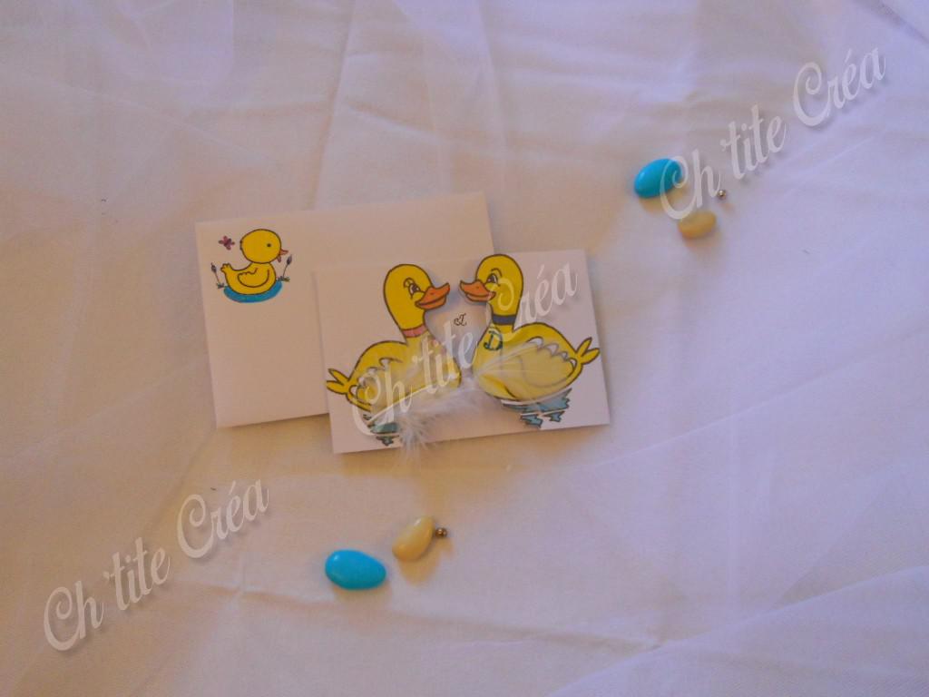 Faire part anniversaire de mariage canard, blanc jaune