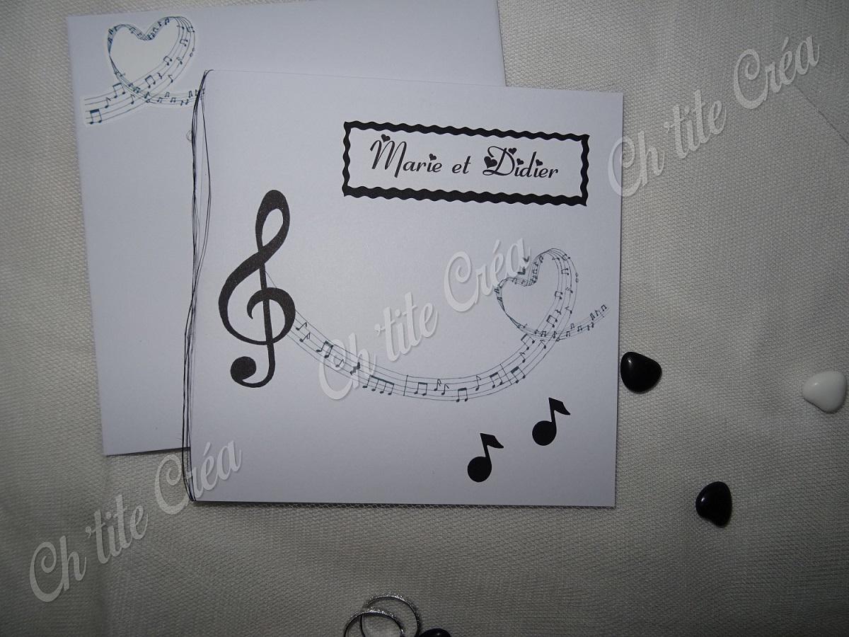 Faire part anniversaire de mariage 10 ans musique, notes et portée, blanc et noir