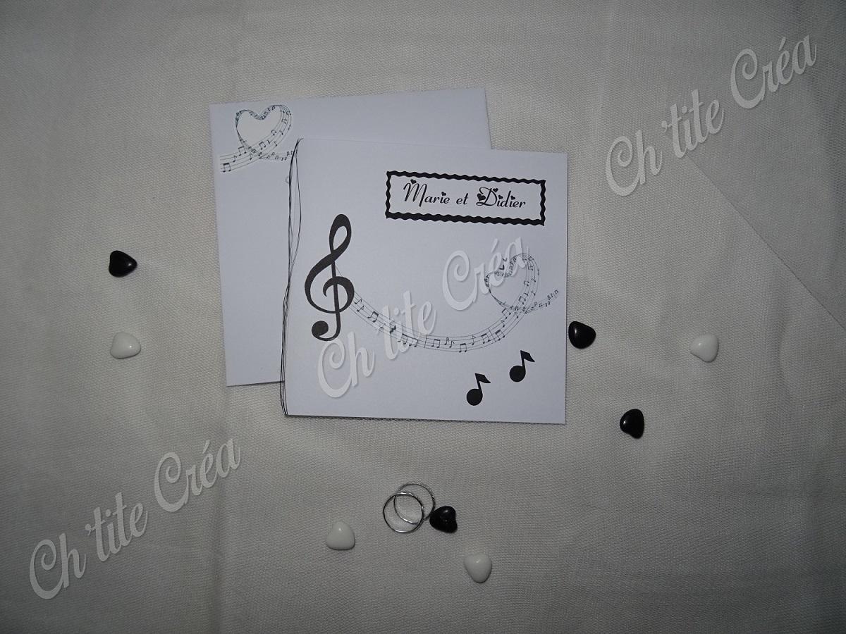 Faire part anniversaire de mariage 10 ans musique, notes et portée, blanc et noir