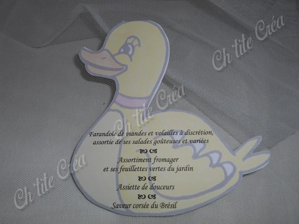 Menu canard anniversaire de mariage canard, recto/verso, blanc et jaune